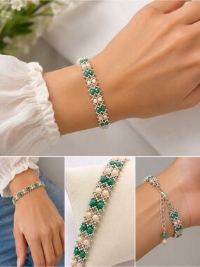 Hand Crafted Dainty Teal and Cream Beaded Bracelet - Women Jewelry